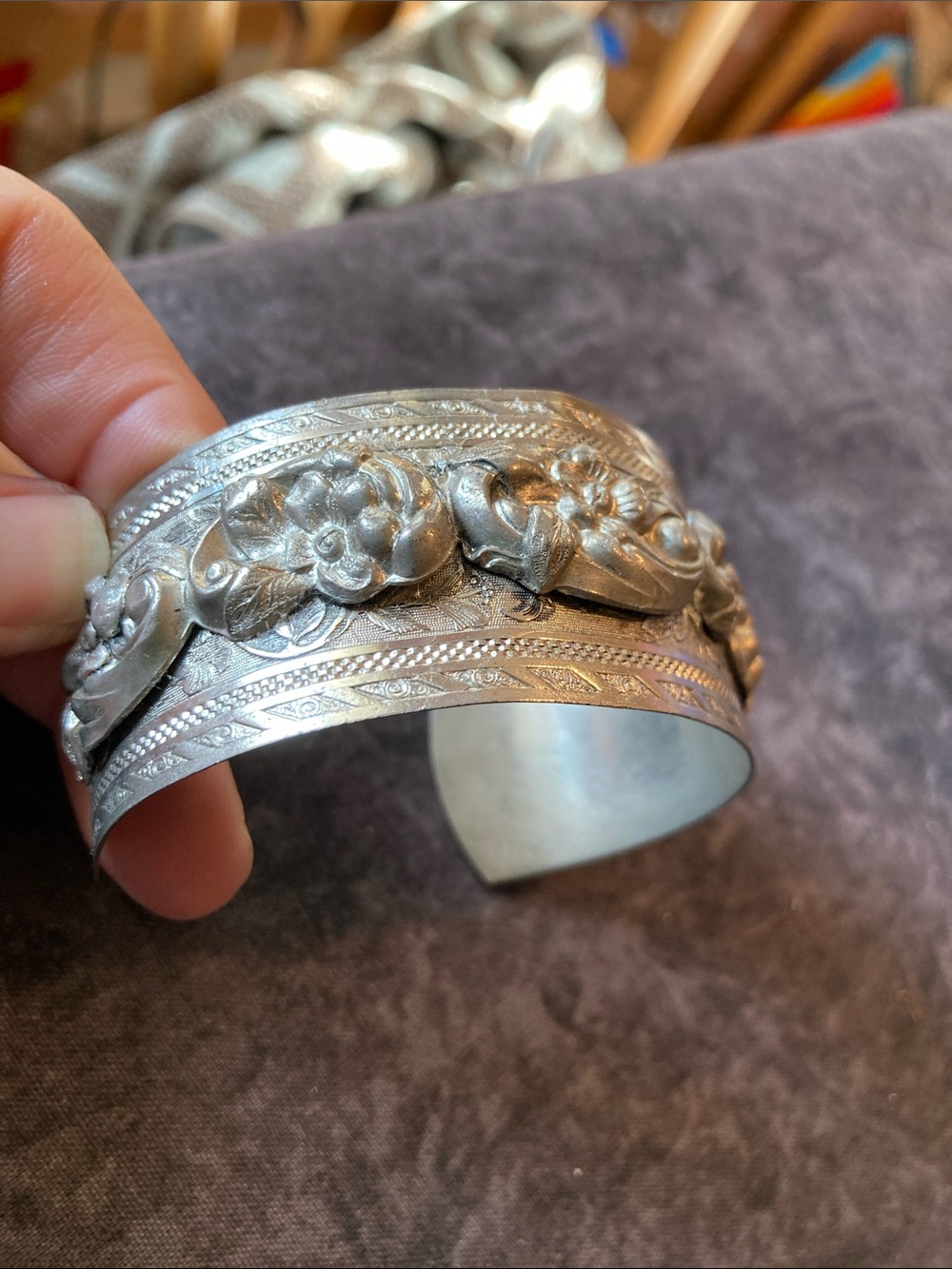 Handcrafted Silver-Tone Floral Cuff Bracelet